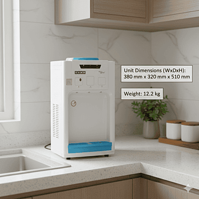 Modern Usha Aquagenie water cooler in a home office setting highlighting its space-saving footprint.
