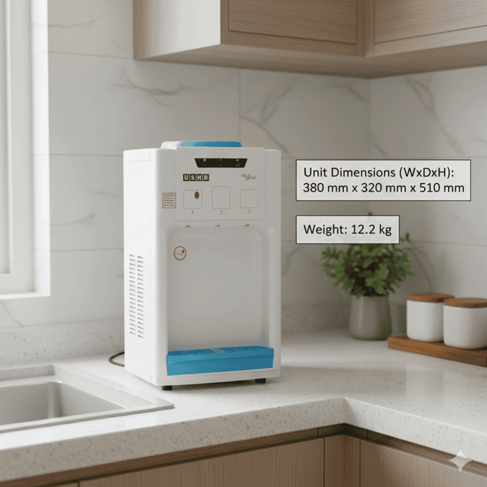 Modern Usha Aquagenie water cooler in a home office setting highlighting its space-saving footprint.