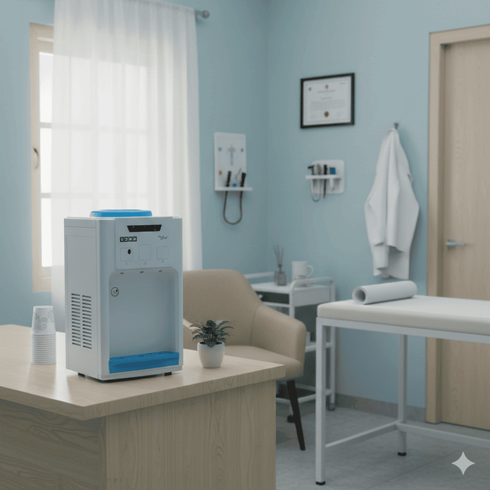 Side profile of the Usha Aquagenie water dispenser showcasing its slim and durable plastic body.