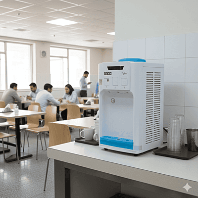 Usha Aquagenie water dispenser sitting neatly on a marble kitchen countertop next to a fruit bowl.