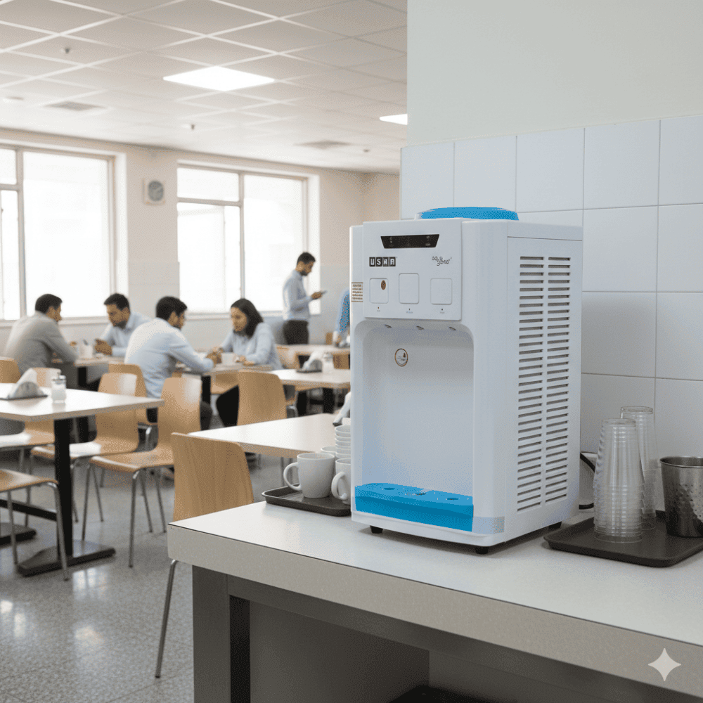 Usha Aquagenie water dispenser sitting neatly on a marble kitchen countertop next to a fruit bowl.