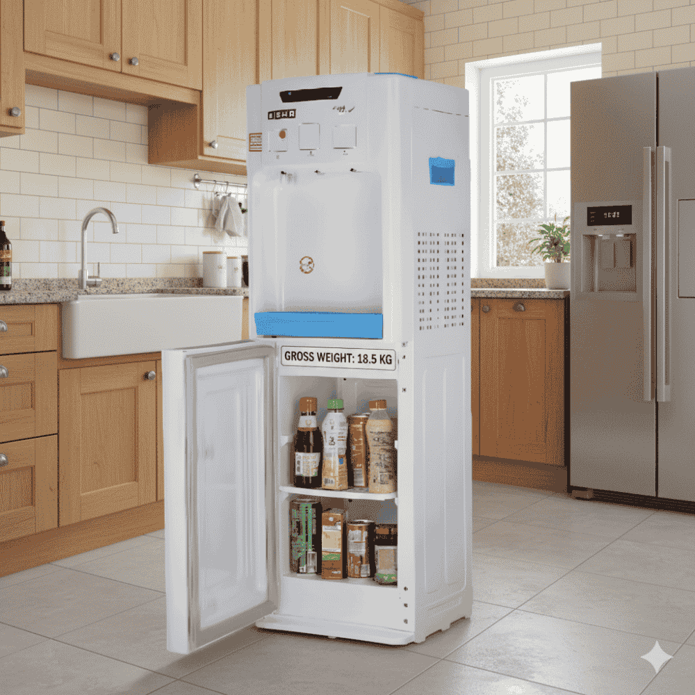 Floor-standing Usha Aqua Genie water dispenser featuring a sleek white and blue design.