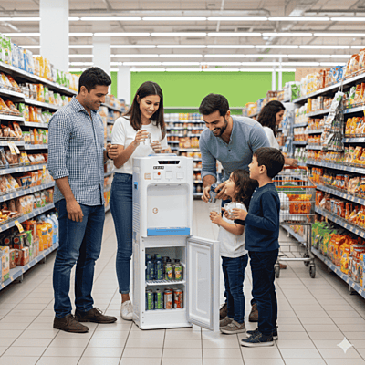 Usha Aqua Genie water dispenser highlighting the drip tray and cooling cabinet door.