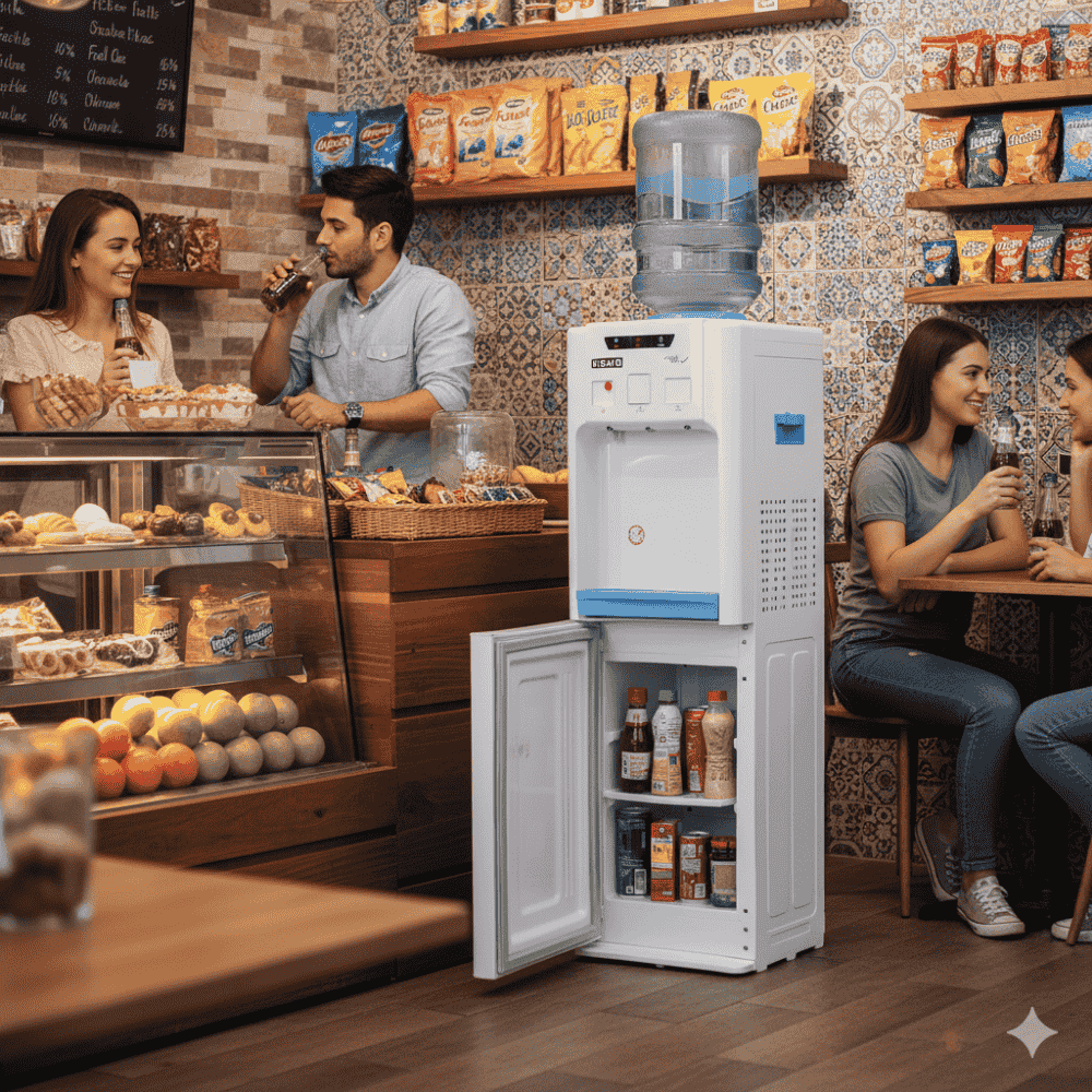 White Usha Aqua Genie dispenser with ergonomic taps and a sturdy bottle holder top.