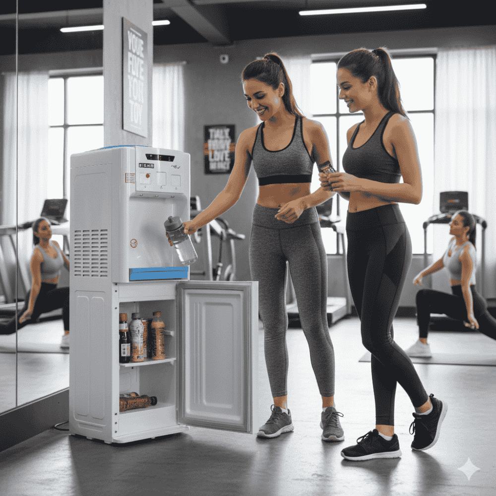 Usha Aqua Genie water dispenser with a 20-liter cooling cabinet for beverages and snacks.