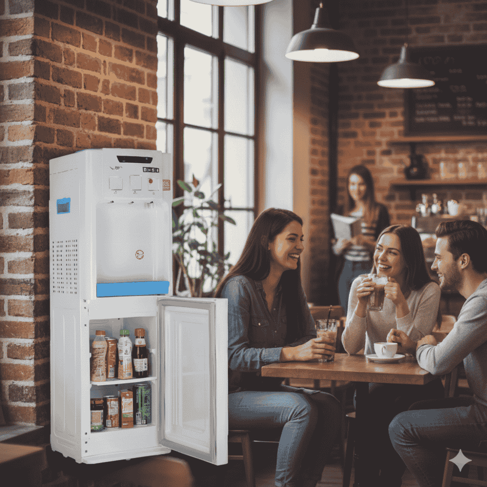 Close-up of the Usha Aqua Genie water dispenser interface with LED indicator lights.