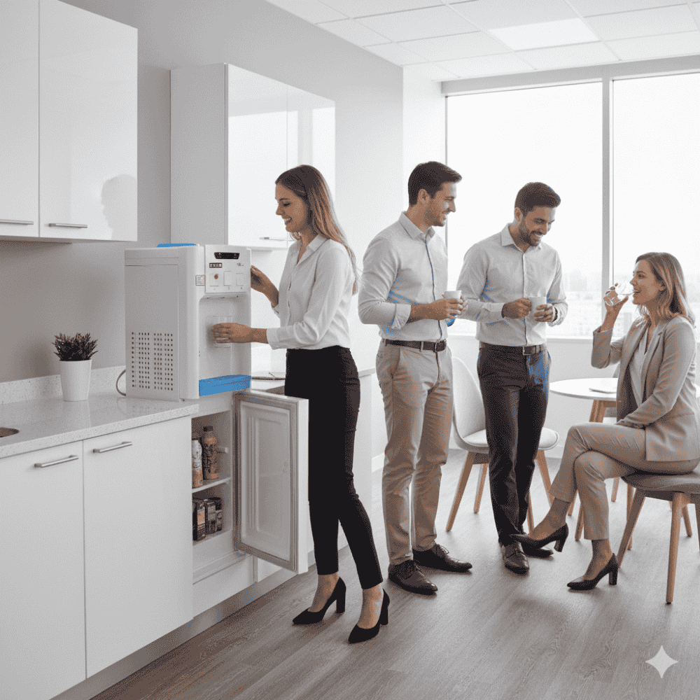 Modern Usha Aqua Genie water cooler showing three tap controls and a storage cabinet.