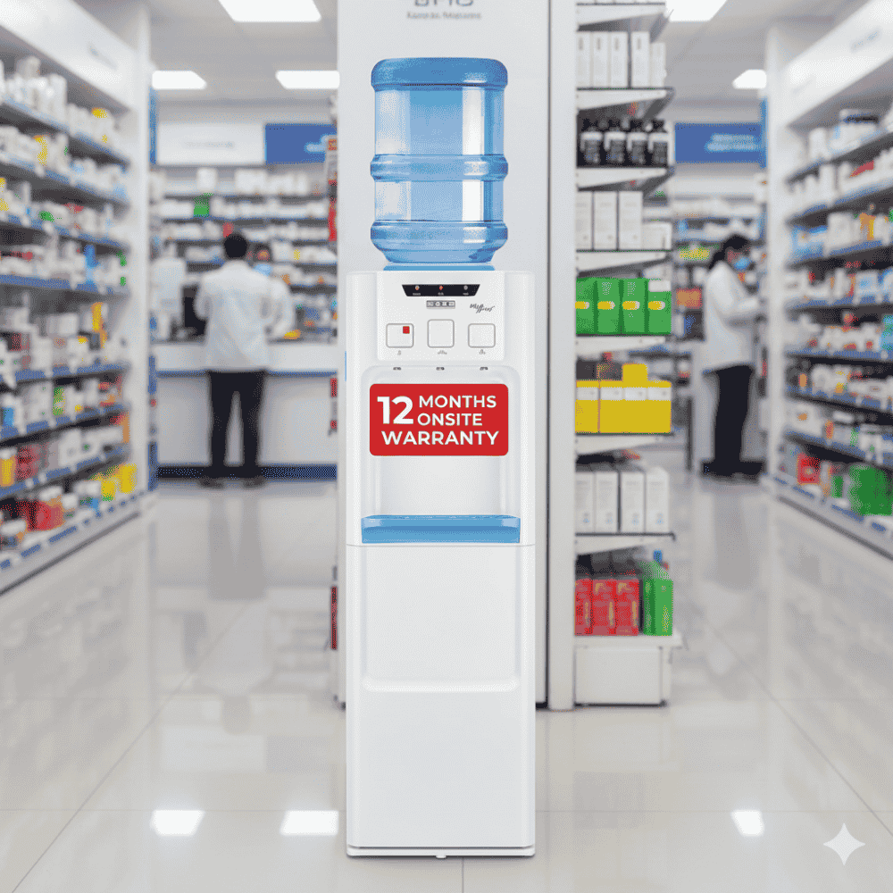 Sleek floor standing Usha Aqua Genie water cooler with integrated cooling cabinet.