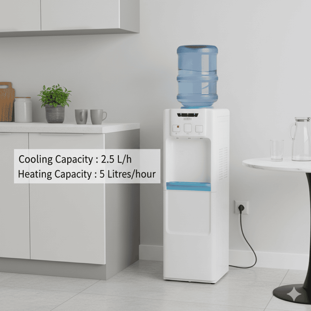 Usha Aqua Genie floor standing water dispenser in a modern office kitchen setting.