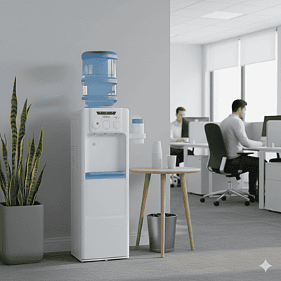 Modern white Usha Aqua Genie water cooler with a durable stainless steel tank.