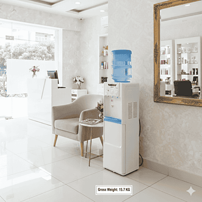 White Usha Aqua Genie water dispenser with hot, cold, and ambient water taps.