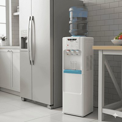 Close-up of the push-button faucets on a white Usha Aqua Genie water dispenser.