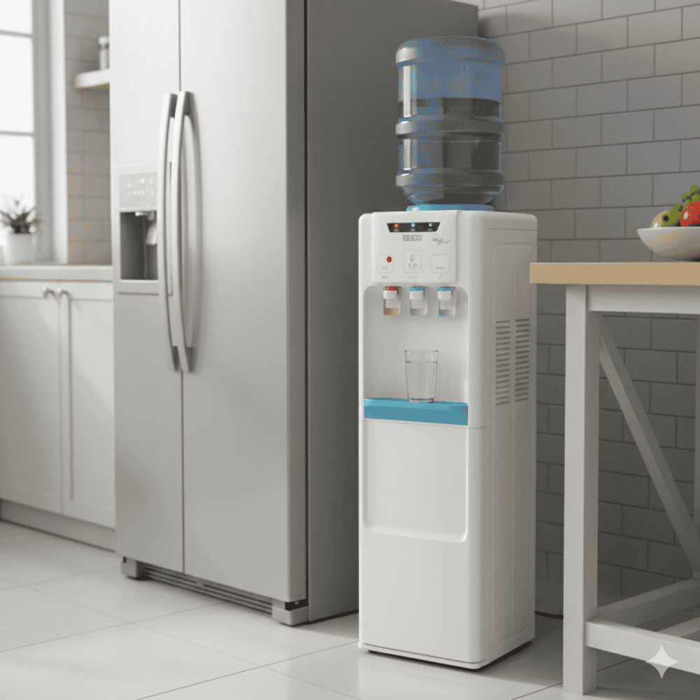 Close-up of the push-button faucets on a white Usha Aqua Genie water dispenser.