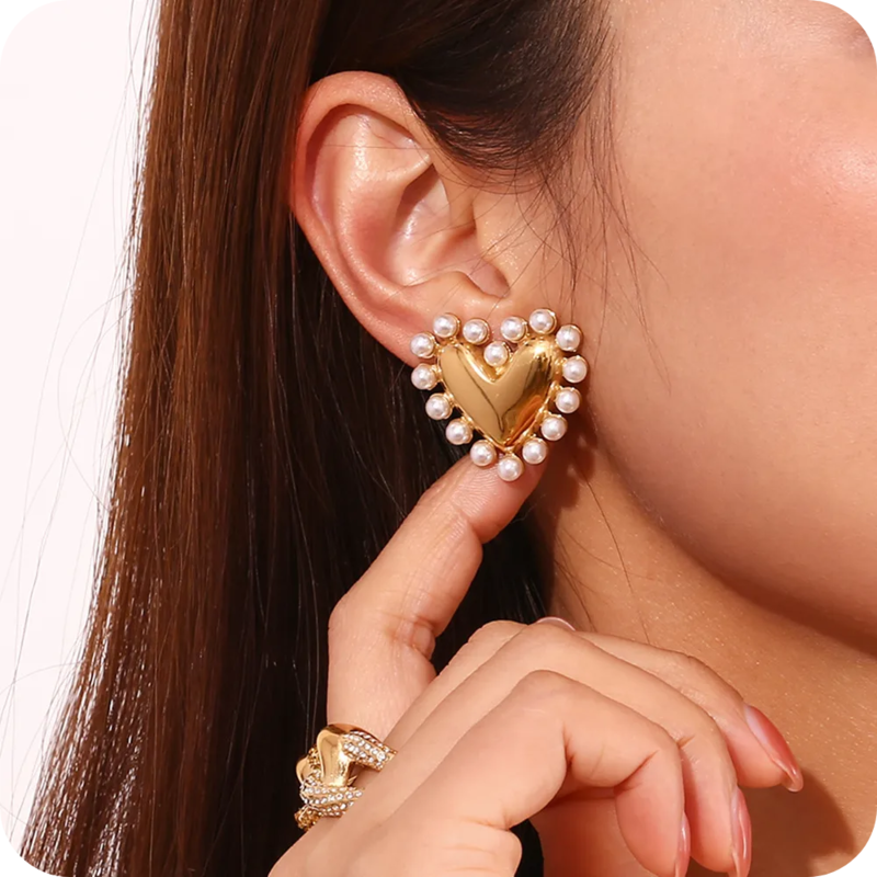 Golden Hearts With Pearls Studs