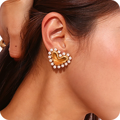 Golden Hearts With Pearls Studs