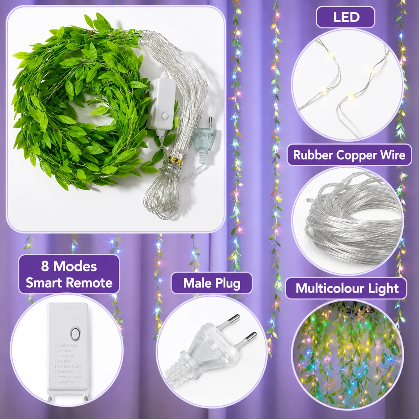Artificial Leaf Curtain Lights 200 LED Multicolour with 8 Modes for Home & Festival Decoration