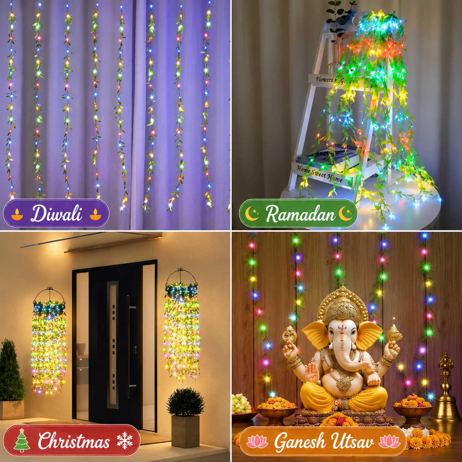 Artificial Leaf Curtain Lights 200 LED Multicolour with 8 Modes for Home & Festival Decoration