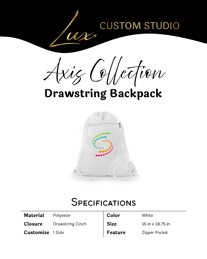Custom Axis Collection polyester drawstring backpack with zippered front pocket