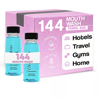 Enjuague Bucal ClearMint, Botella de 1 oz Tamaño de Viaje/Hospitalidad - 144 Piezas/Caja