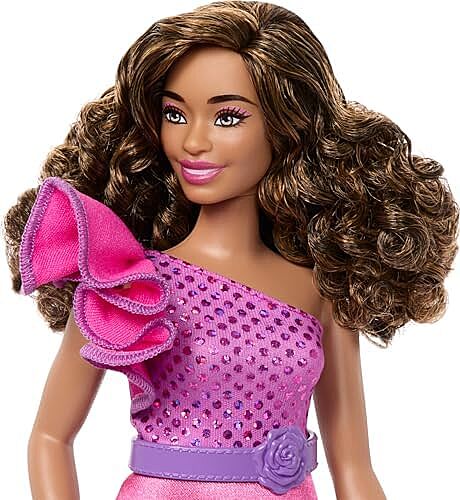 Barbie Fashionistas Doll Curvy Body Type with Brown Hair, Pink Sparkly Dress & Accessories,