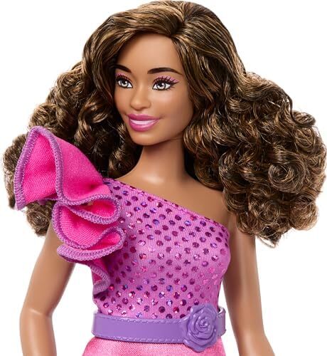 Barbie Fashionistas Doll Curvy Body Type with Brown Hair, Pink Sparkly Dress & Accessories,