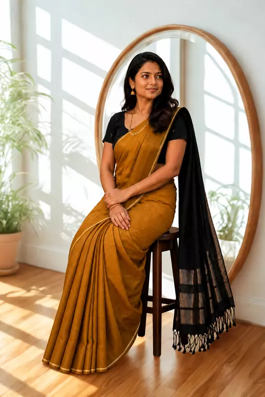 Maheswari silk cotton mustard with Black
