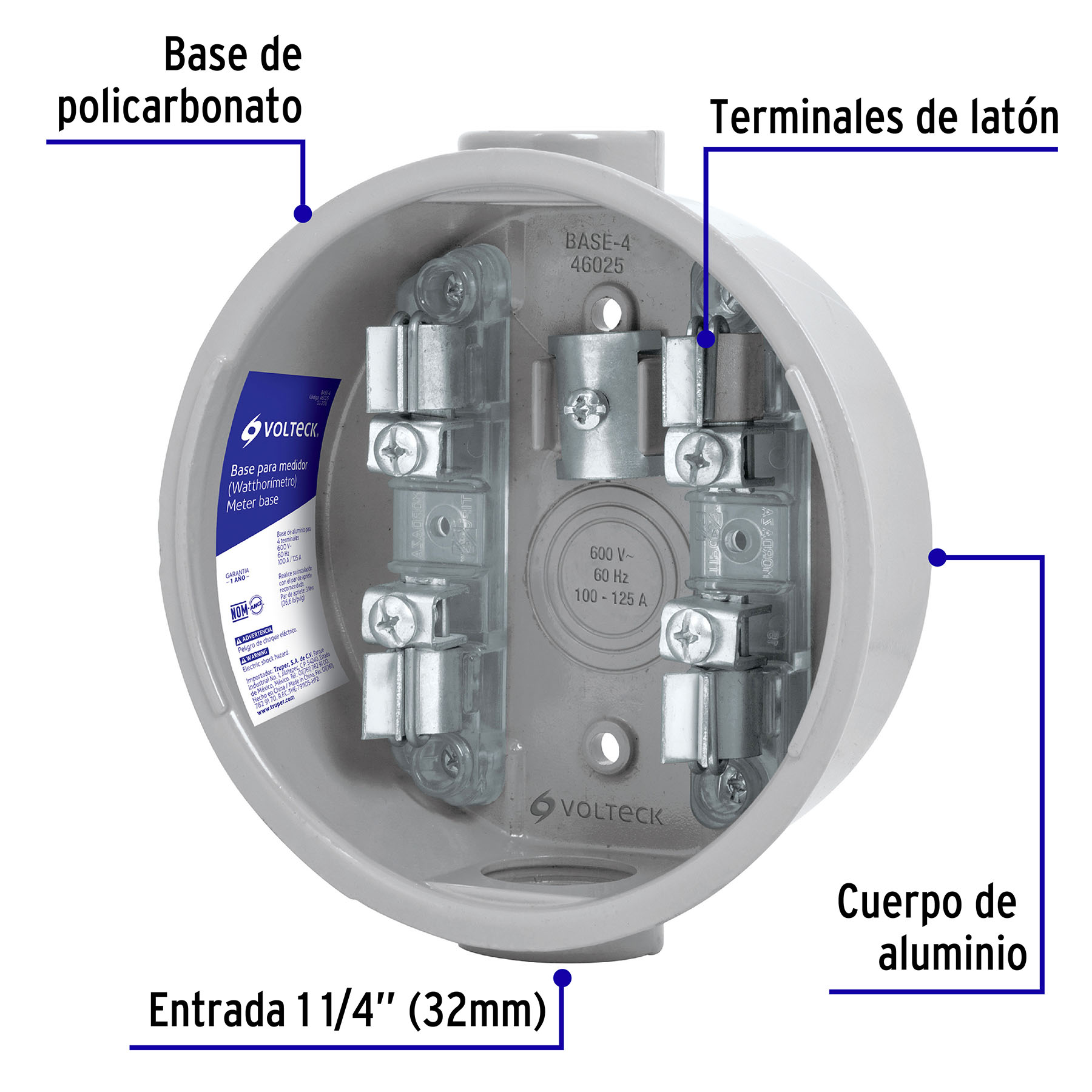 Base para watthorimetro, 4 terminales, Volteck - BASE-4 / 46025
