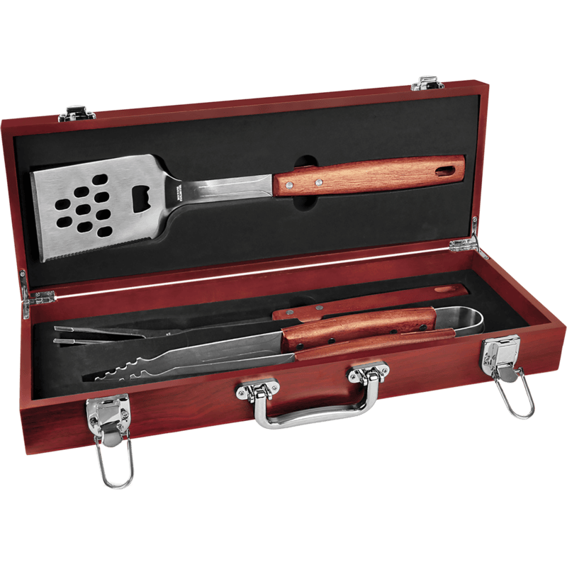 Personalized 3-Piece Rosewood BBQ Tool Set with Custom Engraved Case