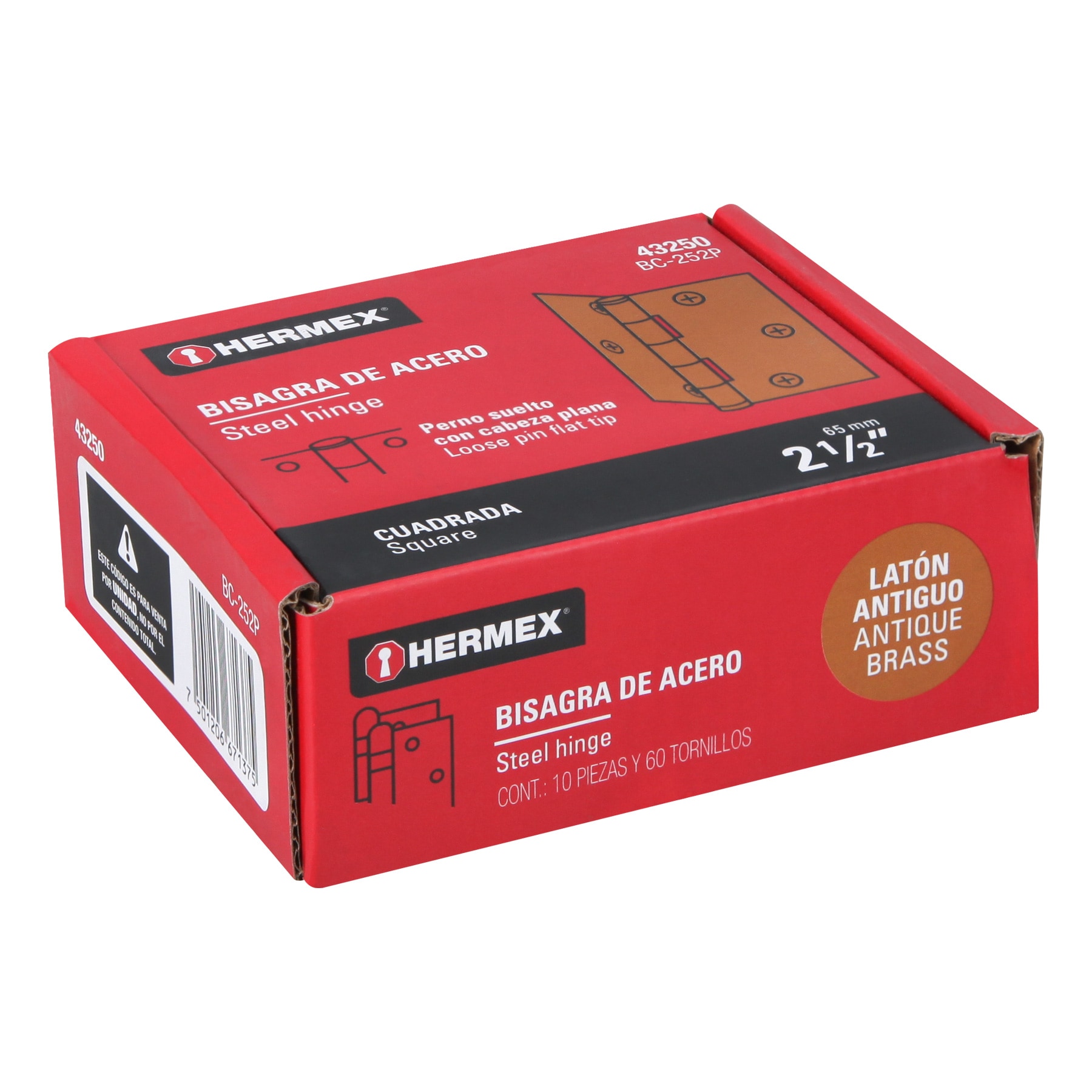 Bisagra cuadrada 2-1/2', acero latonado antiguo, plana - BC-252P / 43250