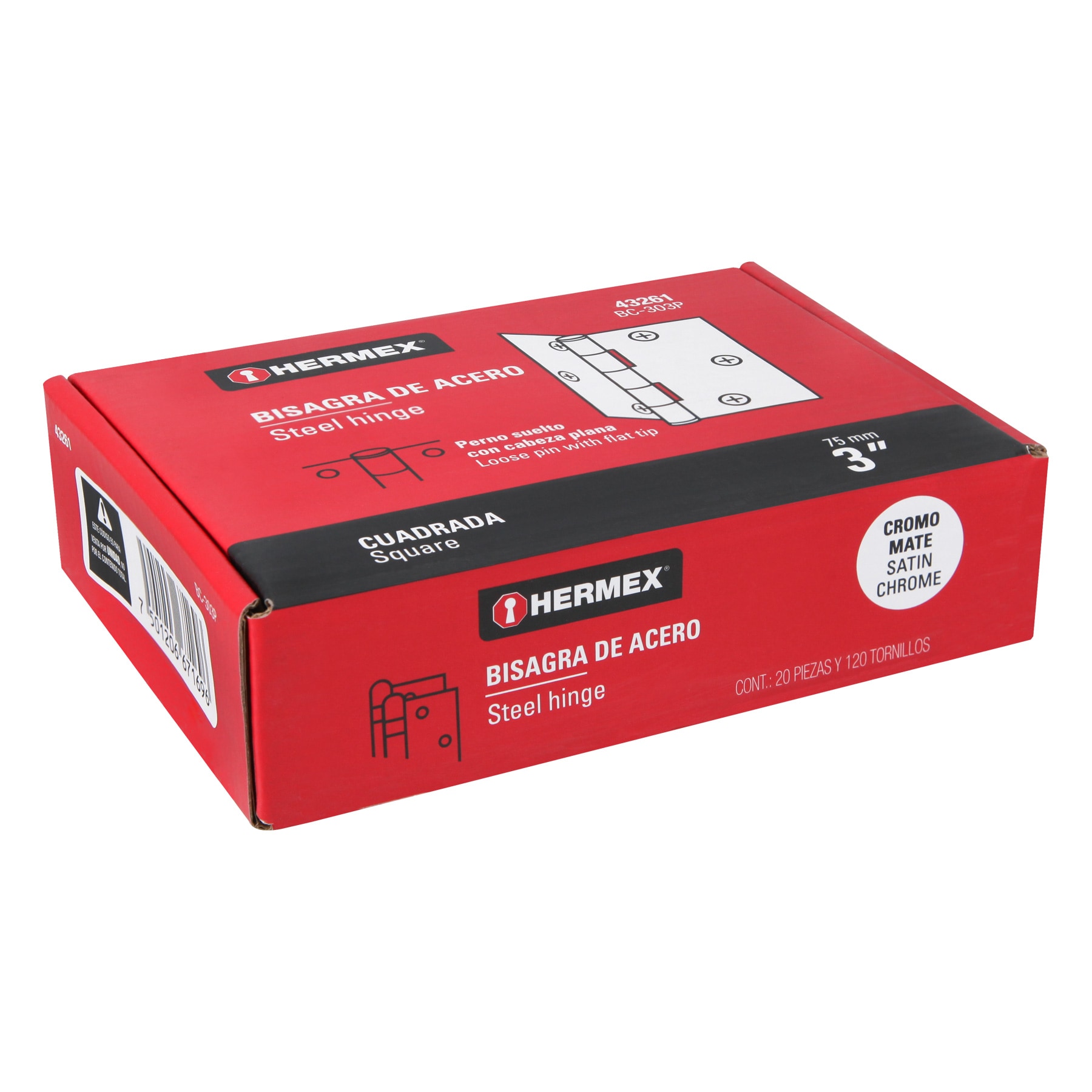 Bisagra cuadrada 3', acero cromo mate, plana - BC-303P / 43261