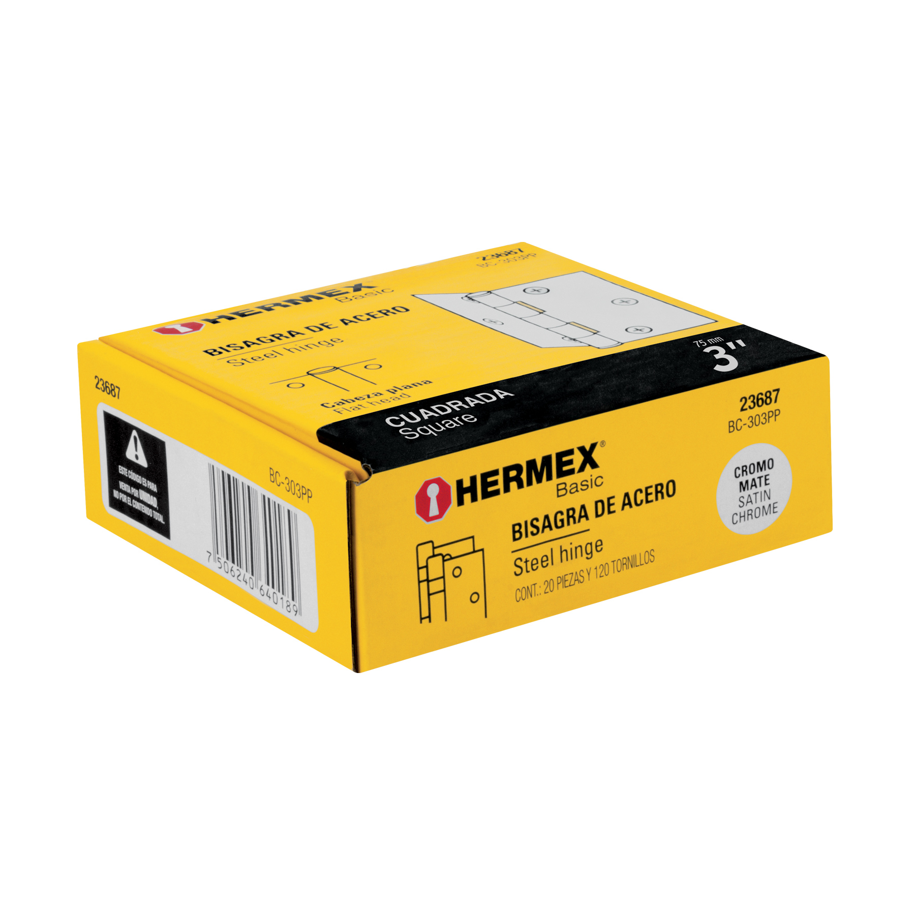 Bisagra cuadrada 3', acero cromo mate, plana, Hermex Basic - BC-303PP / 23687
