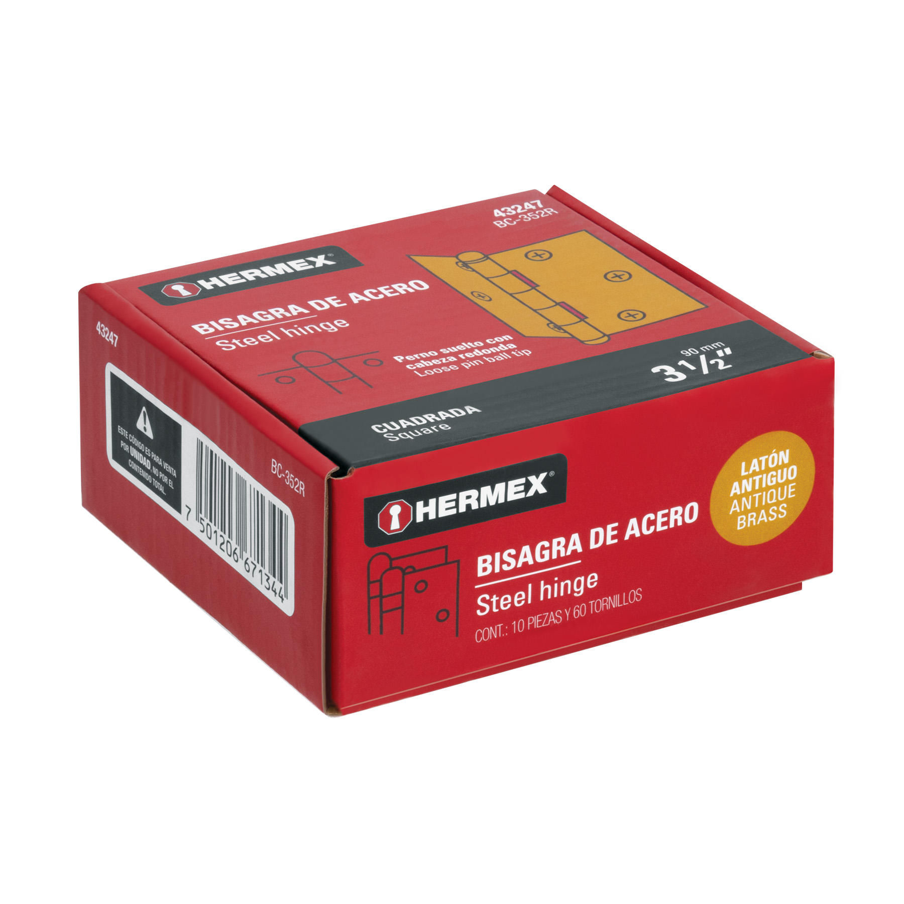 Bisagra cuadrada 3-1/2', acero latonado antiguo, redonda - BC-352R / 43247