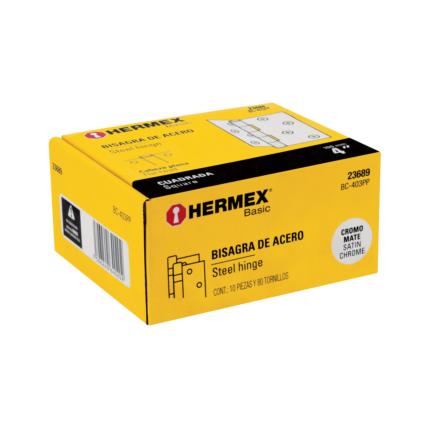 Bisagra cuadrada 4', acero cromo mate, plana, Hermex Basic - BC-403PP / 23689