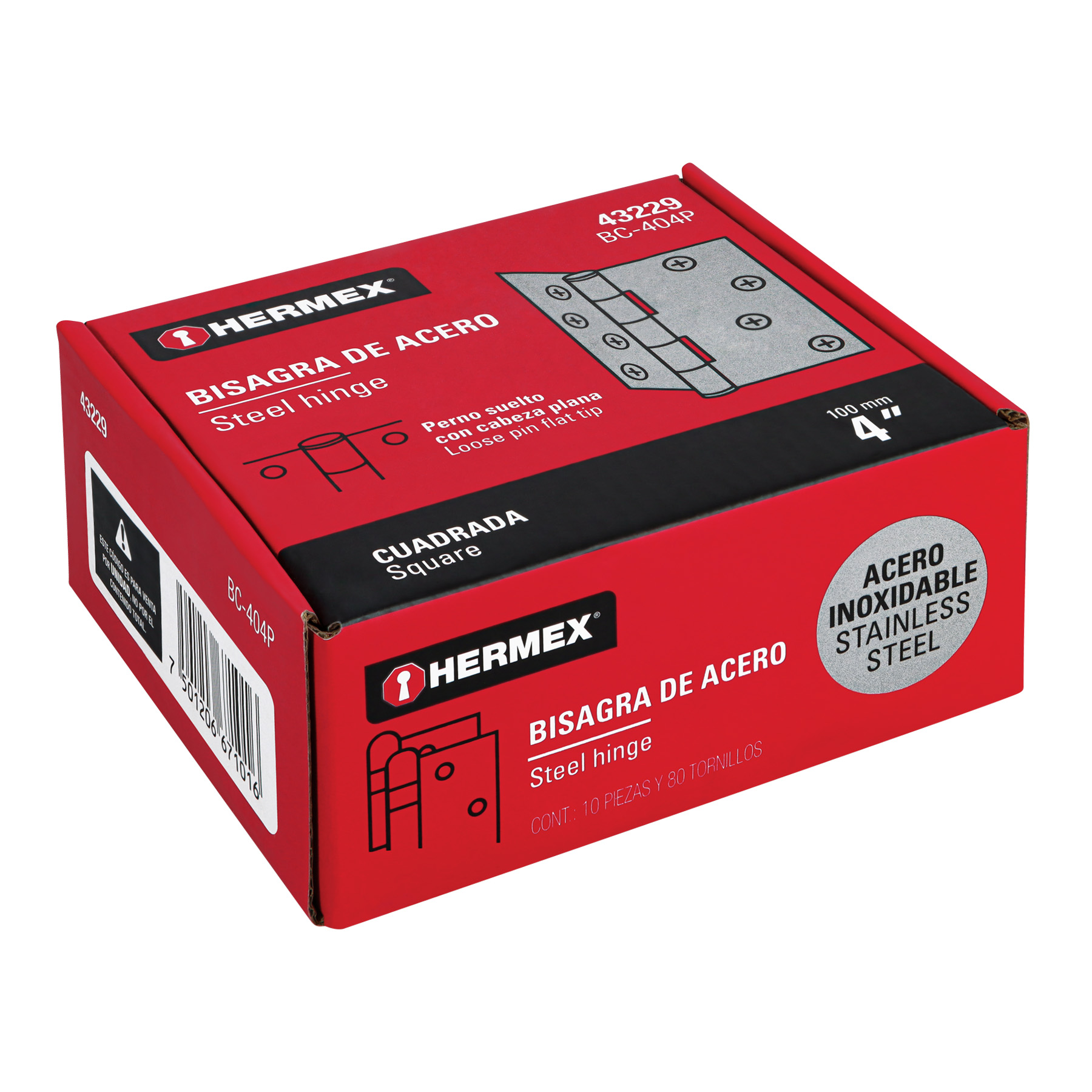 Bisagra cuadrada 4', acero inoxidable, plana - BC-404P / 43229