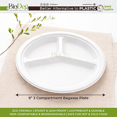 9 Inch 3CP Bagasse Plate | Compartment Snack Plates | Best For Cafes