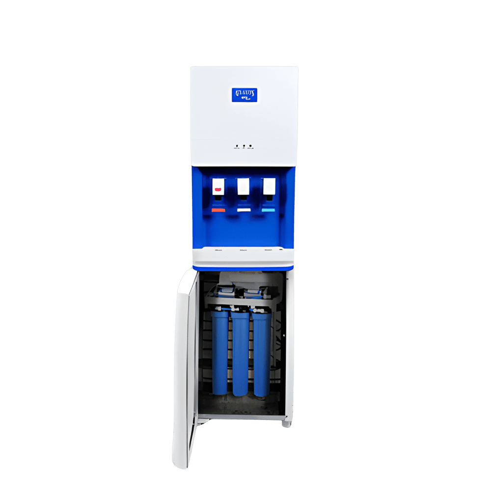 Front view of the Atlantis Big Plus floor standing water dispenser in white and blue.