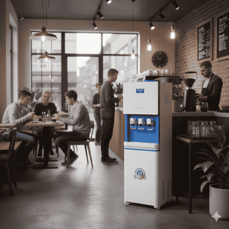Full-length shot of a commercial-grade Atlantis water dispenser with integrated RO filtration.