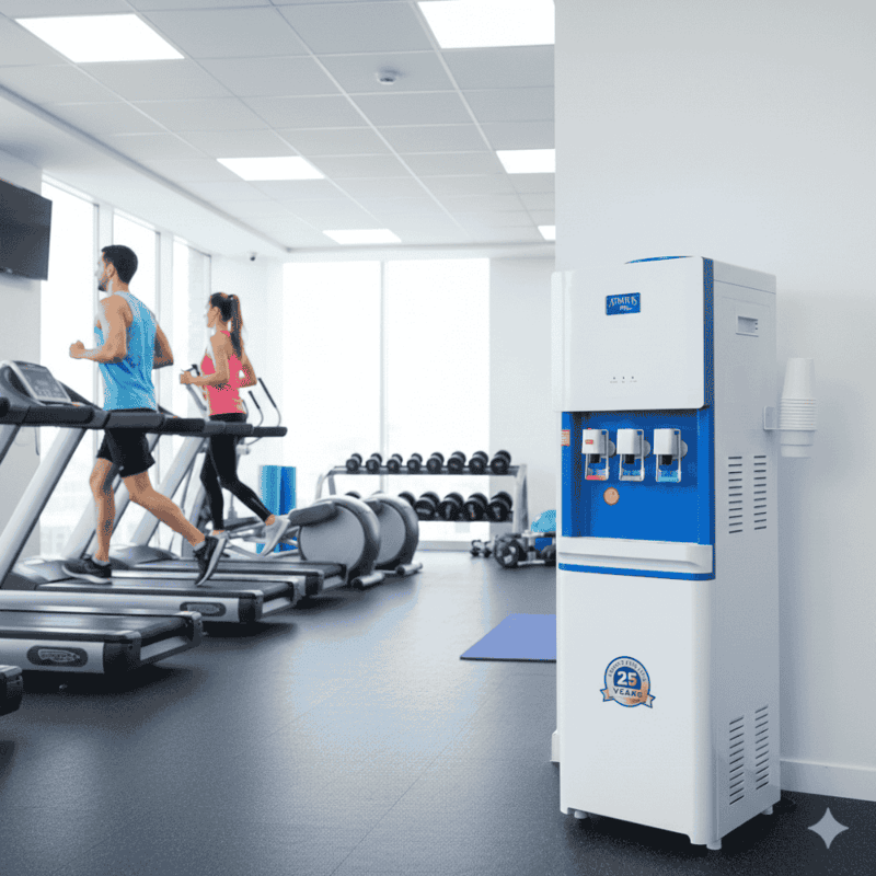 LED indicators on the front panel of an Atlantis water dispenser showing power and cooling.