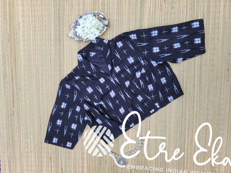 Saree Blouse.Black IKKAT Blouse with Long Sleeves ,V Neck with Collar and Front Open
