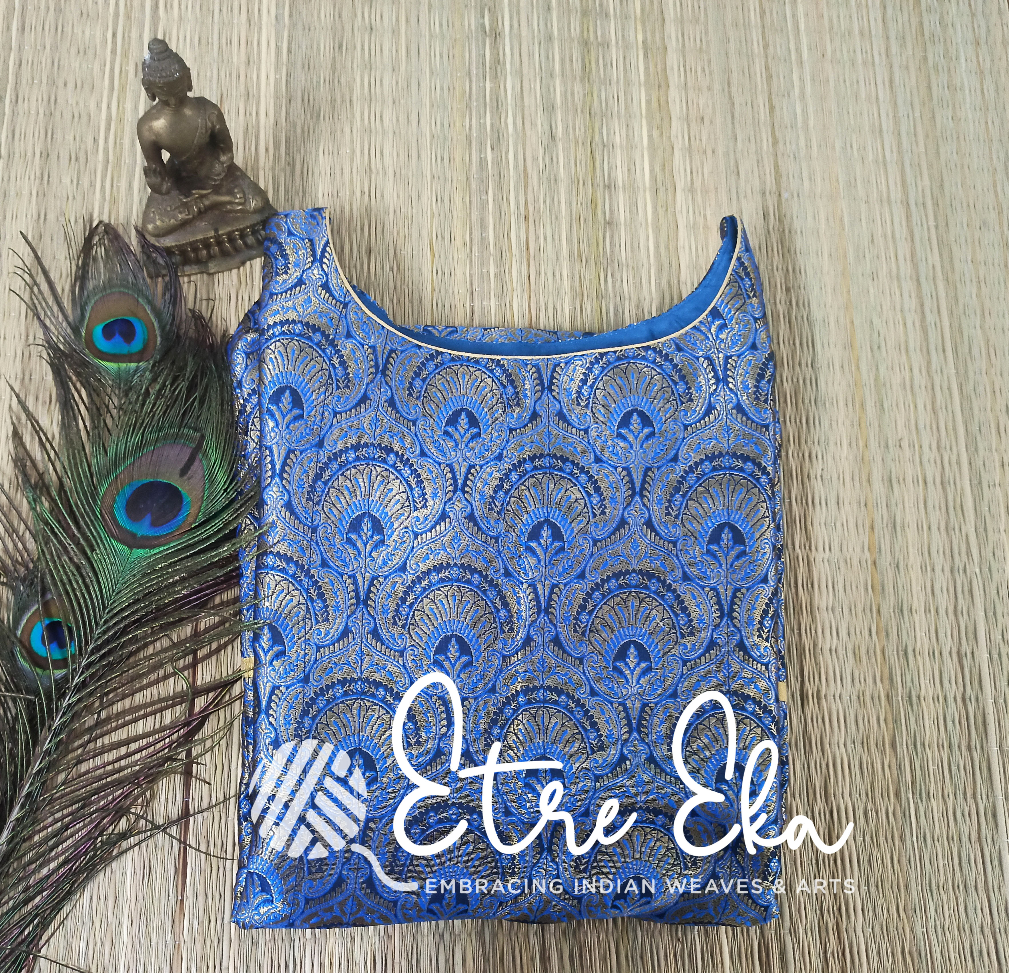 Beautiful Handwoven Banarasi Brocade Silk Straight Kurti with and Half Sleeves and Off White Chanderi Silk Pencil Pants-Party Wear - with Golden Brocade Weaves