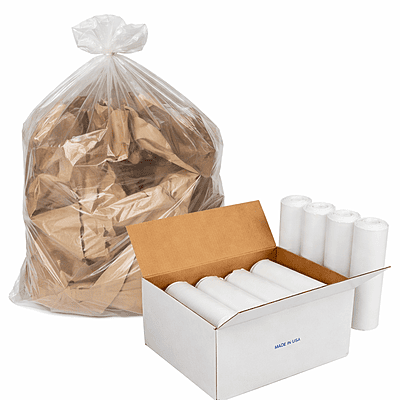 Caja con bolsas de basura semi transparentes de 38 x 50 cm enrolladas, presentación institucional