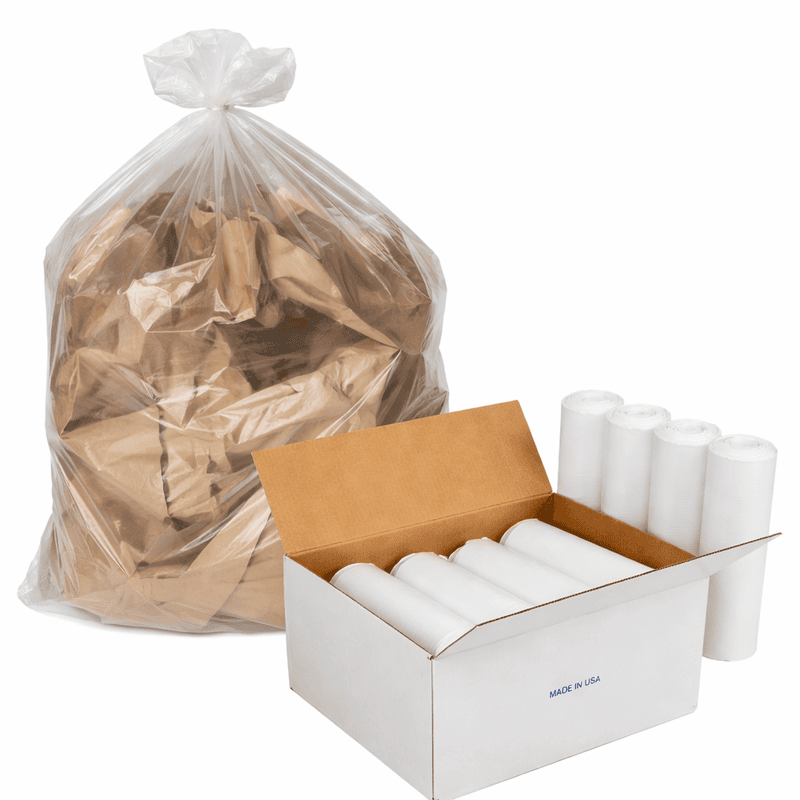 Caja con bolsas de basura semi transparentes de 38 x 50 cm enrolladas, presentación institucional