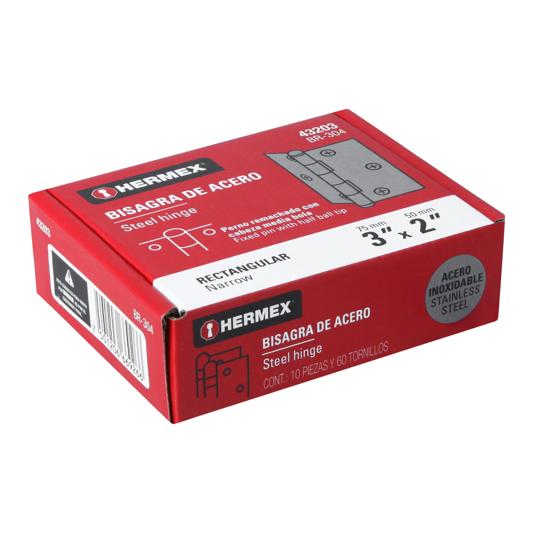 Bisagra rectangular 3', acero inoxidable - BR-304 / 43203