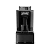 Front view of sleek black Atlantis Brew machine dispensing fresh espresso into a ceramic cup.