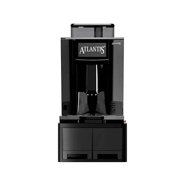 Front view of sleek black Atlantis Brew machine dispensing fresh espresso into a ceramic cup.