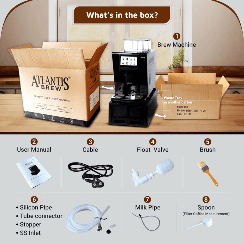 Atlantis Brew fresh milk coffee vending machine sitting on a countertop in a modern cafe setting.