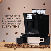 Atlantis Brew coffee dispenser with illuminated display brewing a latte using fresh milk and beans.
