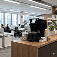 Office coffee station setup with the Atlantis Brew bean to cup machine ready to serve cappuccino.