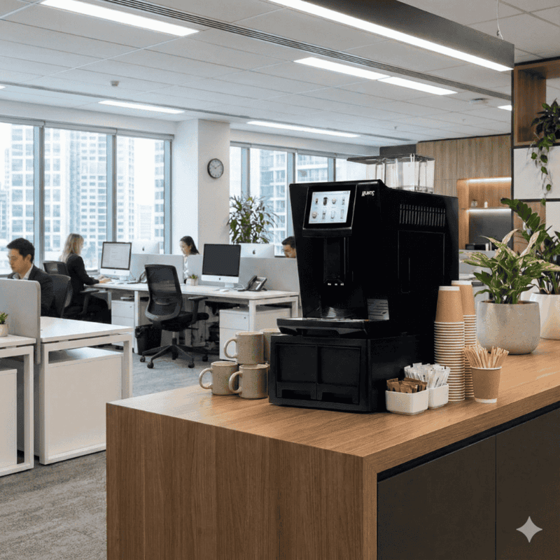Office coffee station setup with the Atlantis Brew bean to cup machine ready to serve cappuccino.