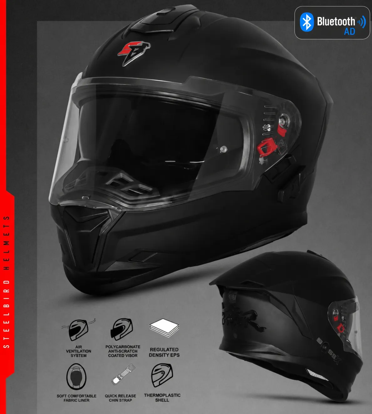 STEELBIRD SBH-57 ISS BT FIGHTER GLOSSY BLACK C/V 600 WITH EXTRA SMOKE VISOR WITH BLUETOOTH STEELBIRD SBH-57 ISS BT FIGHTER GLOSSY BLACK C/V 600 WITH EXTRA SMOKE VISOR WITH BLUETOOTH